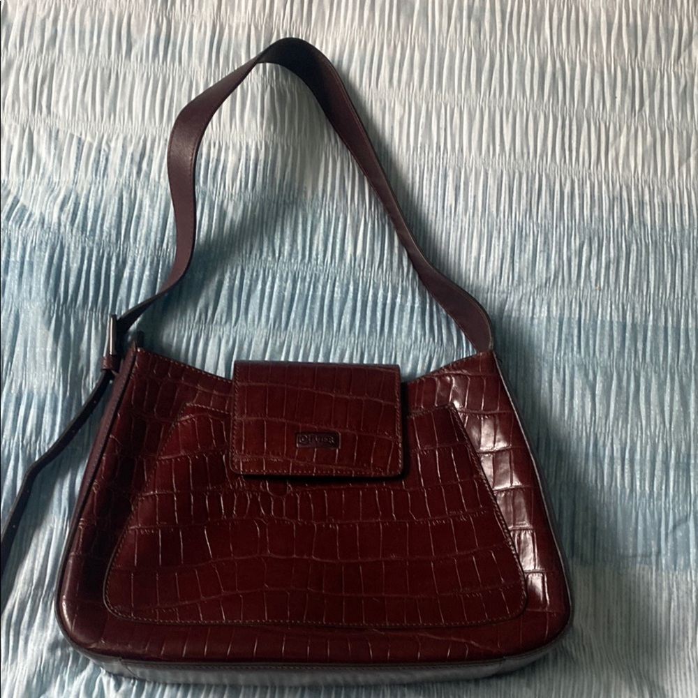Brown NWOT Glossy Crocodile-Embossed Shoulder Bag